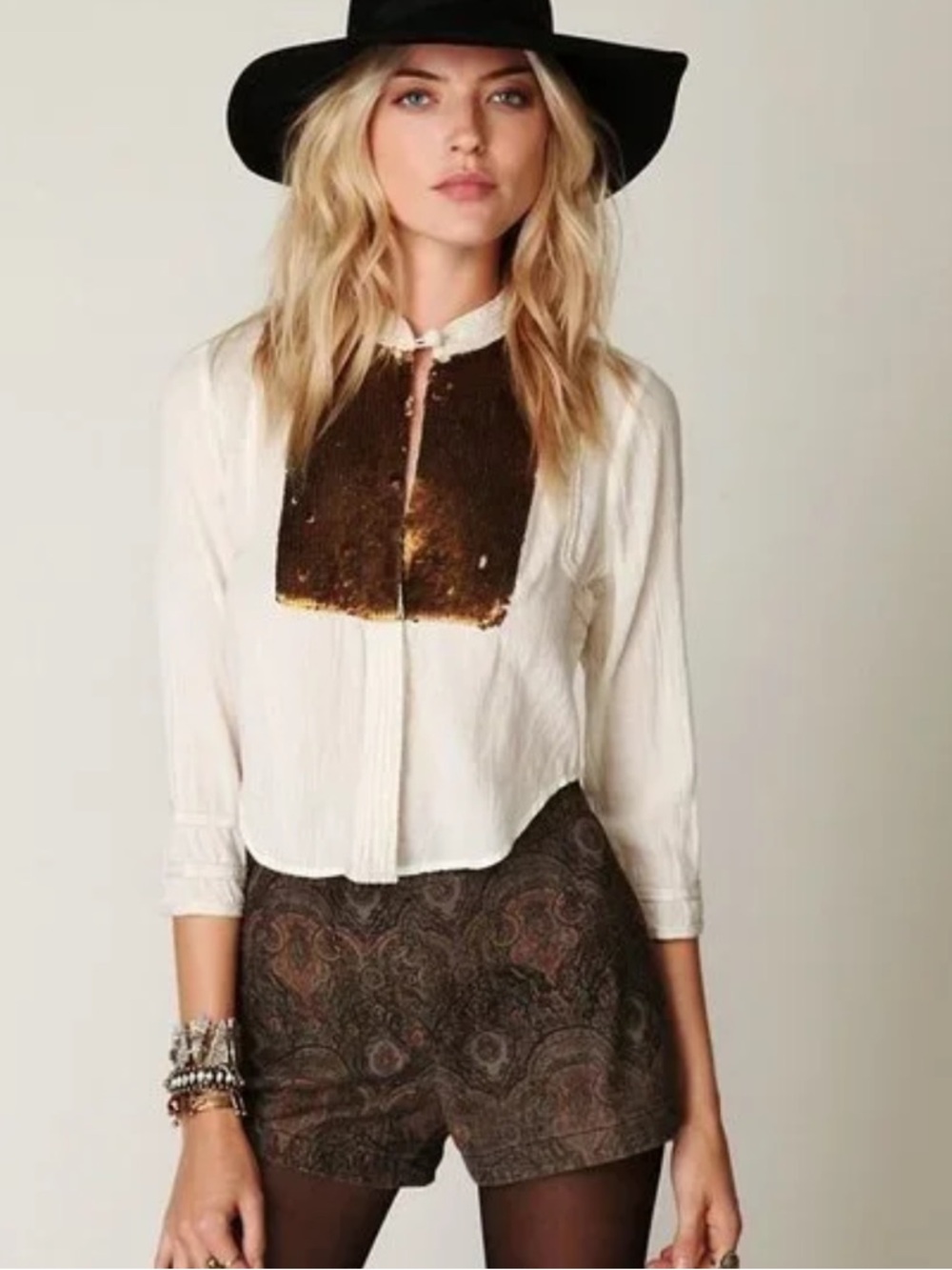 Free People New Romantics Cream Blouse Shirt with Brown Sequin Bib boho L